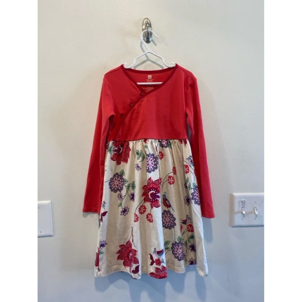 Tea collection girls long sleeve dress size 7 floral and bird print China Asia